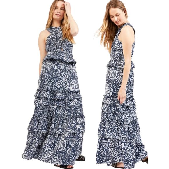 OUTERKNOWN Bailey Cross Halter Marine Blue Waverly Floral Satin Maxi Dress 8 NWT - Picture 1 of 16